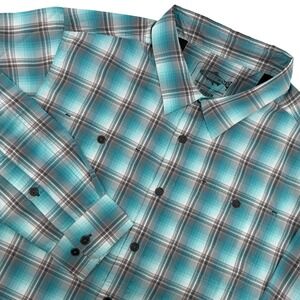 RepYourWater Men's M Plaid Long Sleeve Fishing Shirt Aqua Grey Outdoor Stretch